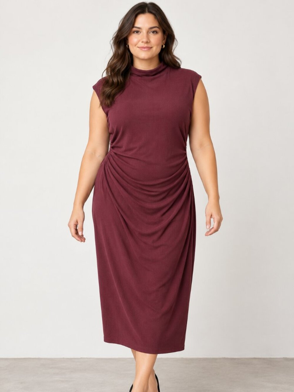 Old Navy Burgundy Ruched Mock Neck Midi Dress – Large